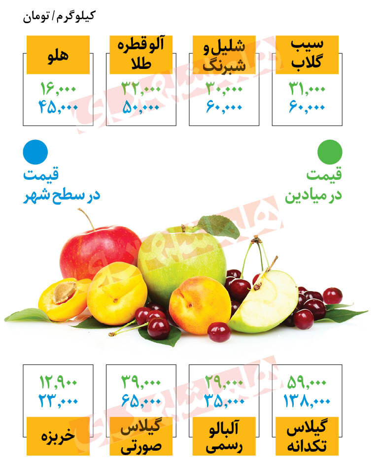 افزایش فاصله قیمت میوه در میادین و شهر | گیلاس در میادین ۵۹ هزار تومان ؛ در مغازه‌ها ۱۳۸ هزار تومان